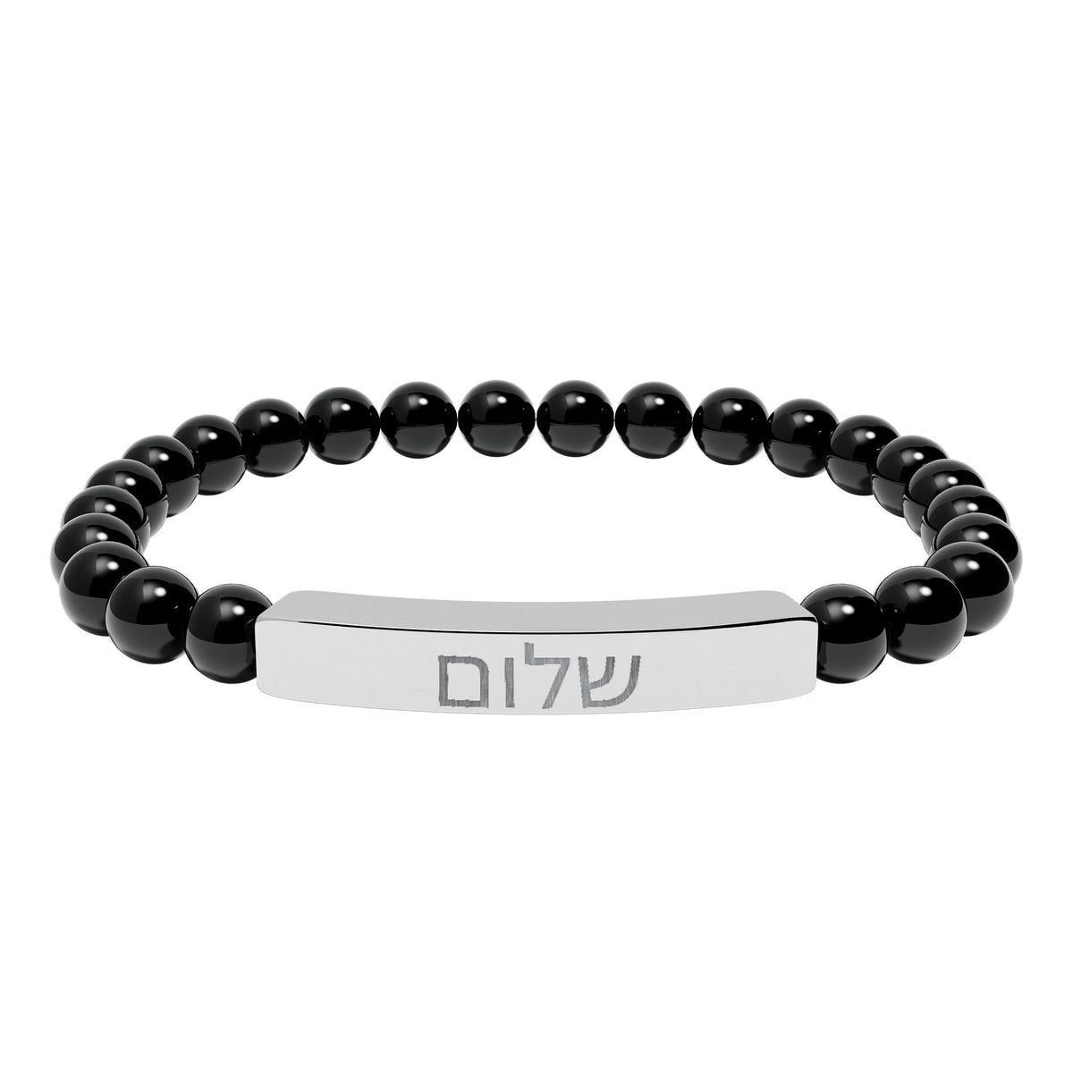 Engraved Bar Stretch Bracelet – Natural Stone Beads with 'Shalom'