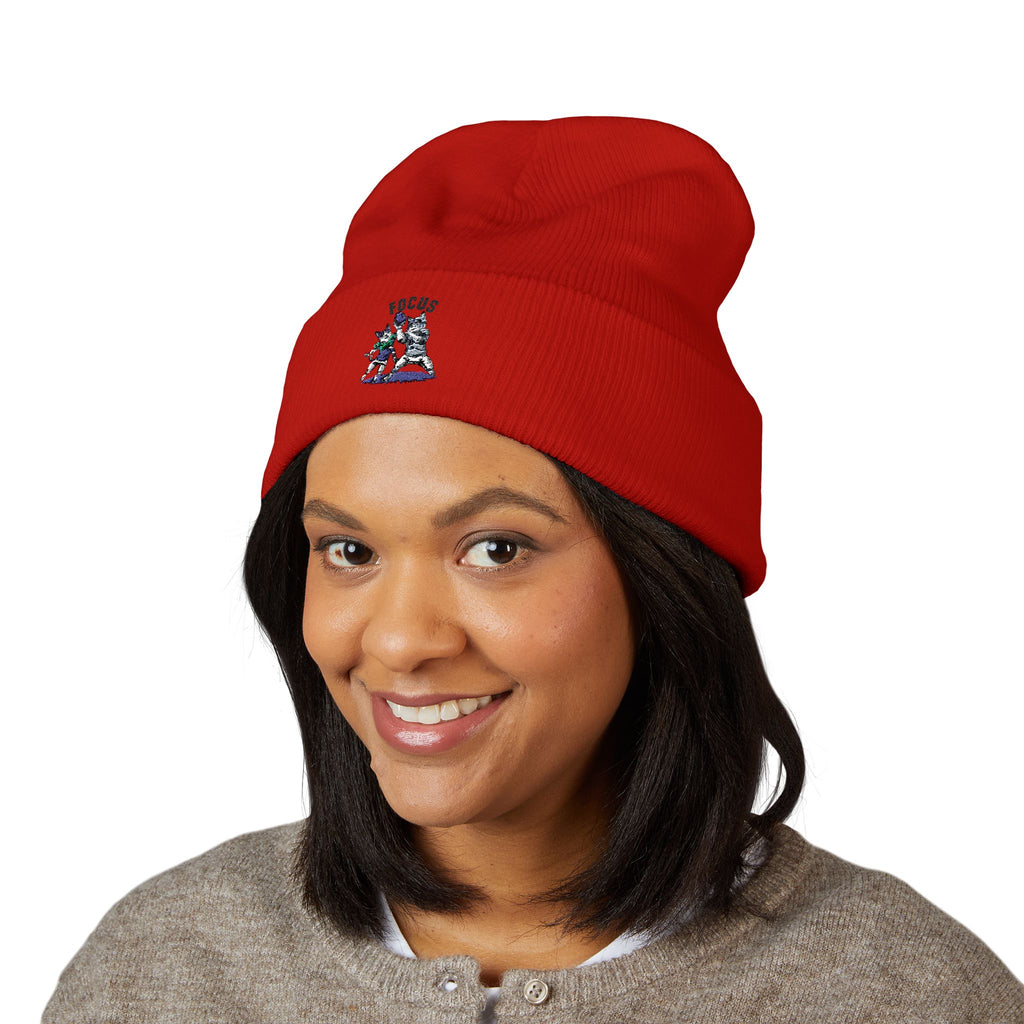 Embroidered 'Focus' Cuffed Beanie — Cozy Knit Winter Hat