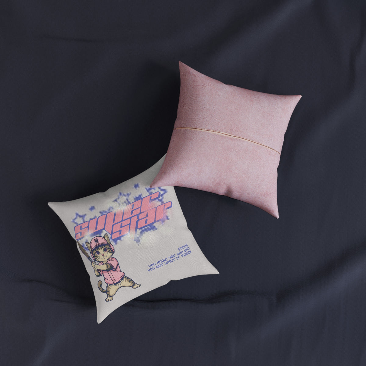Superstar Cat Baseball Square Pillow — Pink Back Decorative Throw Pillow