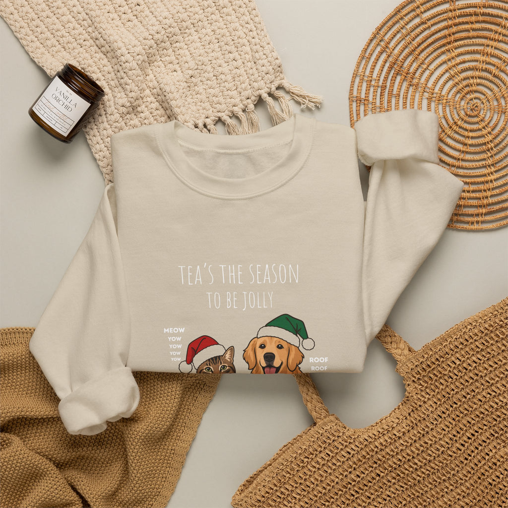 Holiday Tea Time Sweatshirt — 'Tea's The Season To Be Jolly' Cat & Dog Christmas Crewneck