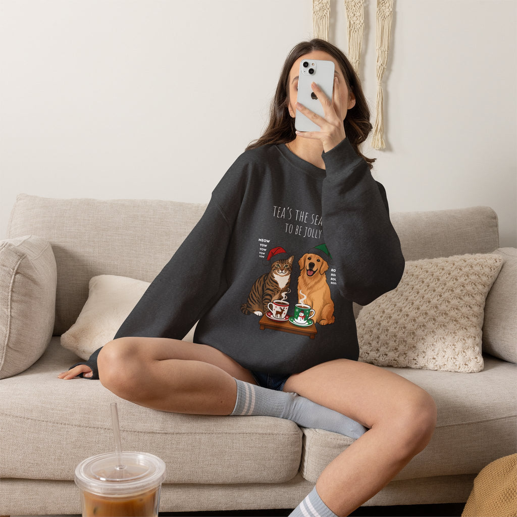 Holiday Tea Time Sweatshirt — 'Tea's The Season To Be Jolly' Cat & Dog Christmas Crewneck
