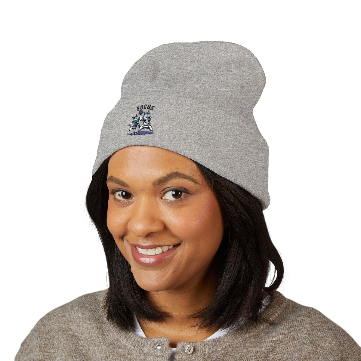 Embroidered 'Focus' Cuffed Beanie — Cozy Knit Winter Hat