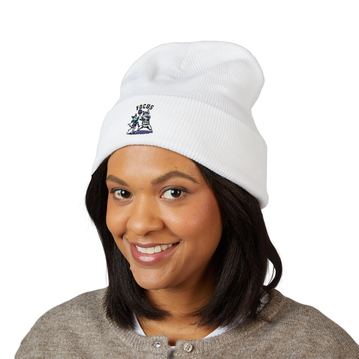 Embroidered 'Focus' Cuffed Beanie — Cozy Knit Winter Hat