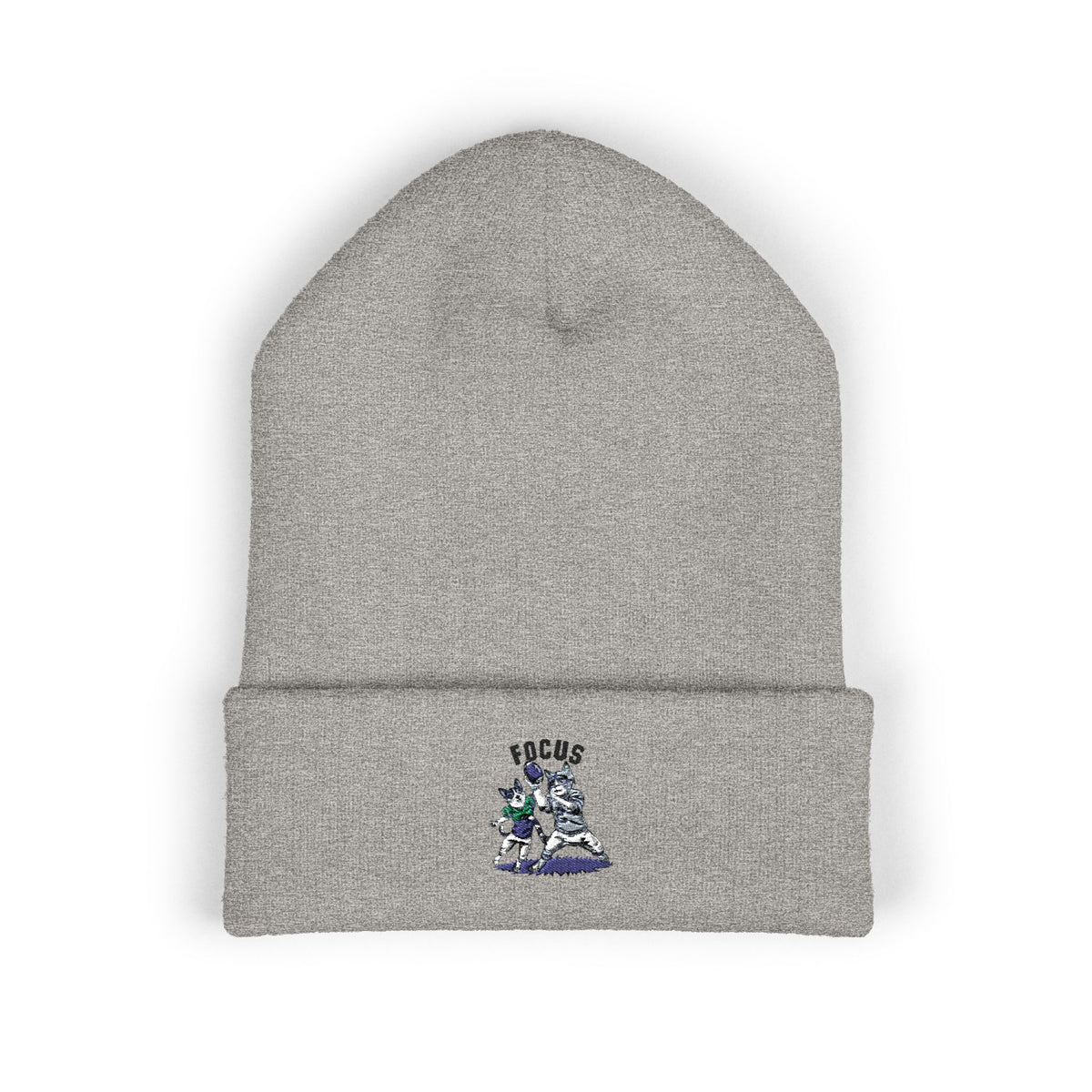 Embroidered 'Focus' Cuffed Beanie — Cozy Knit Winter Hat