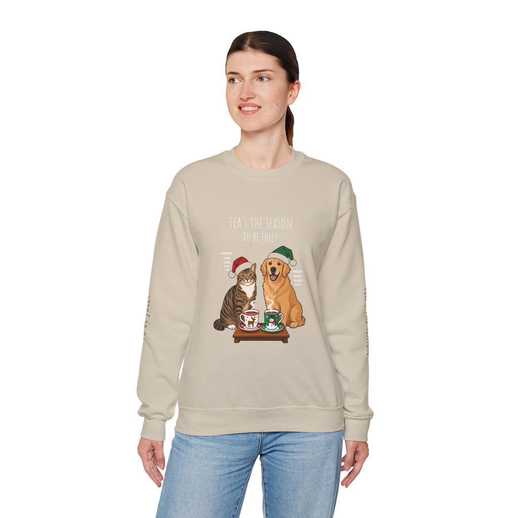 Holiday Tea Time Sweatshirt — 'Tea's The Season To Be Jolly' Cat & Dog Christmas Crewneck