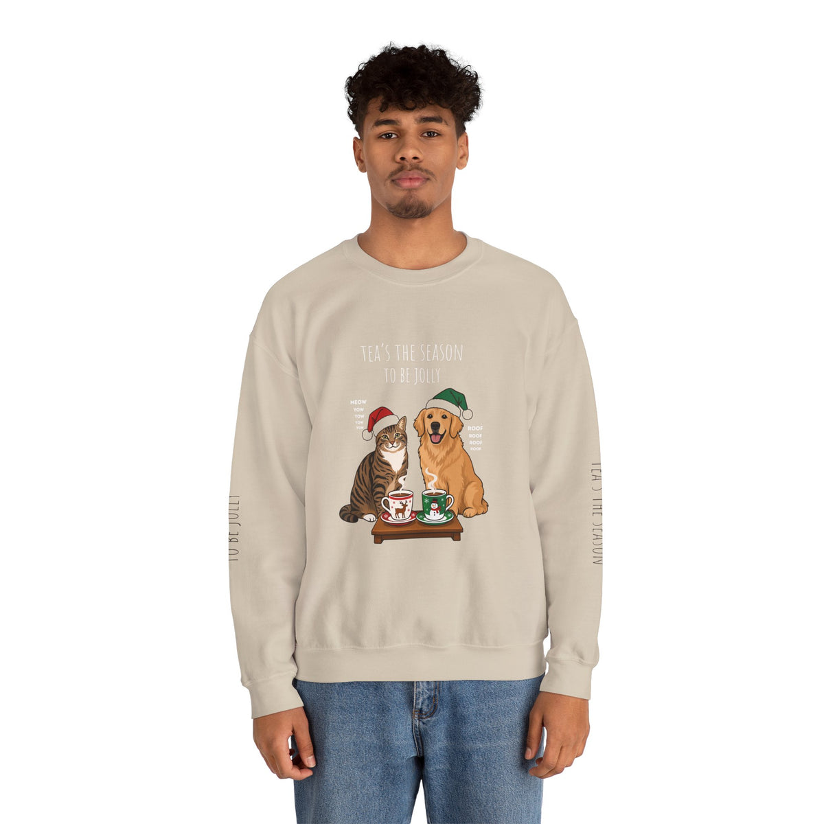Holiday Tea Time Sweatshirt — 'Tea's The Season To Be Jolly' Cat & Dog Christmas Crewneck