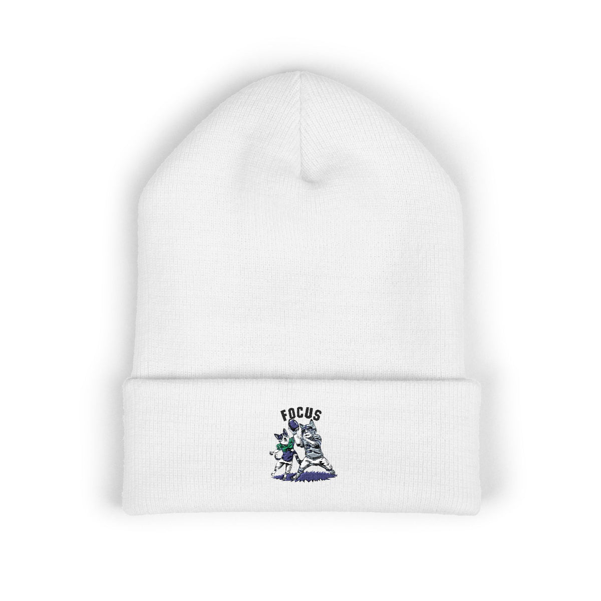 Embroidered 'Focus' Cuffed Beanie — Cozy Knit Winter Hat