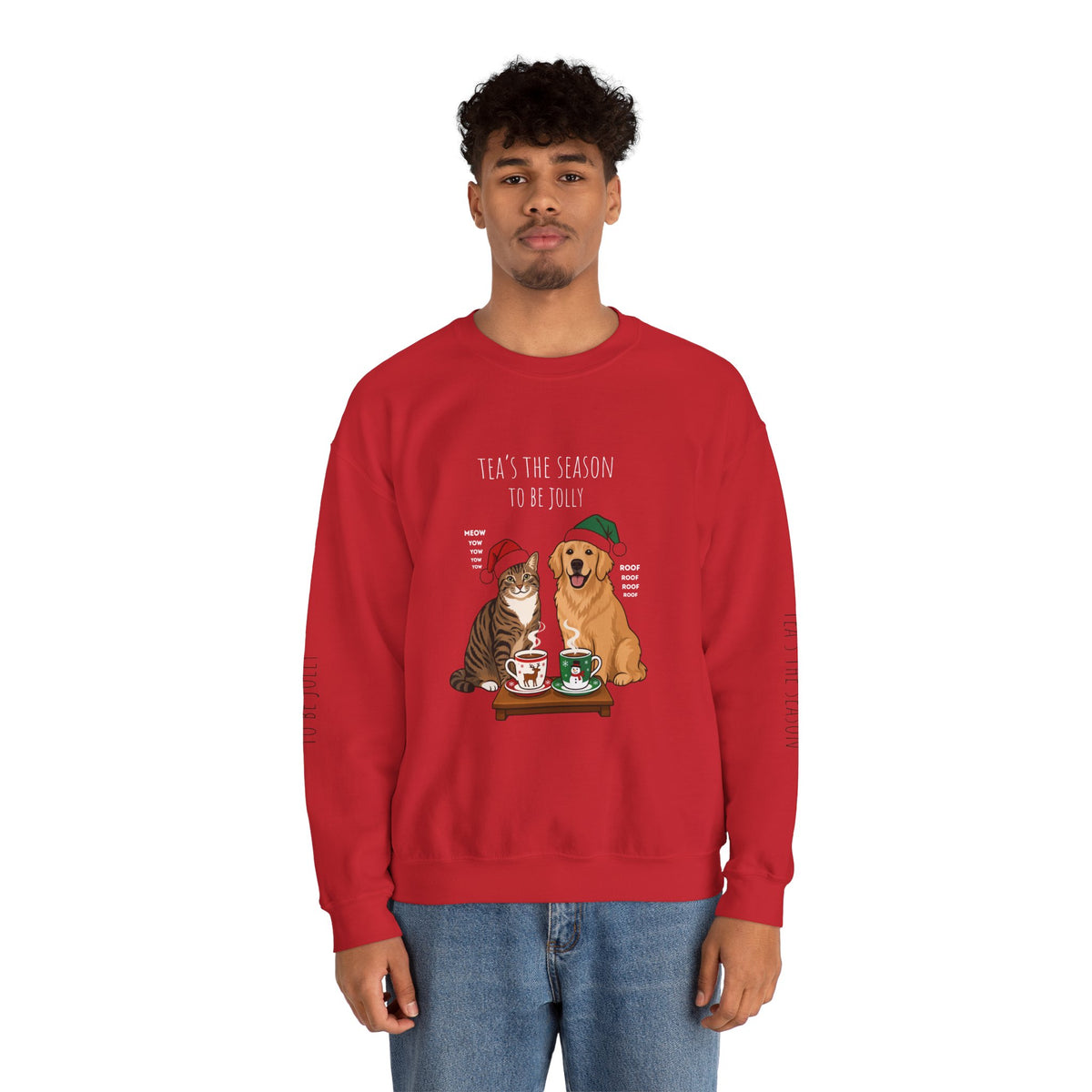 Holiday Tea Time Sweatshirt — 'Tea's The Season To Be Jolly' Cat & Dog Christmas Crewneck
