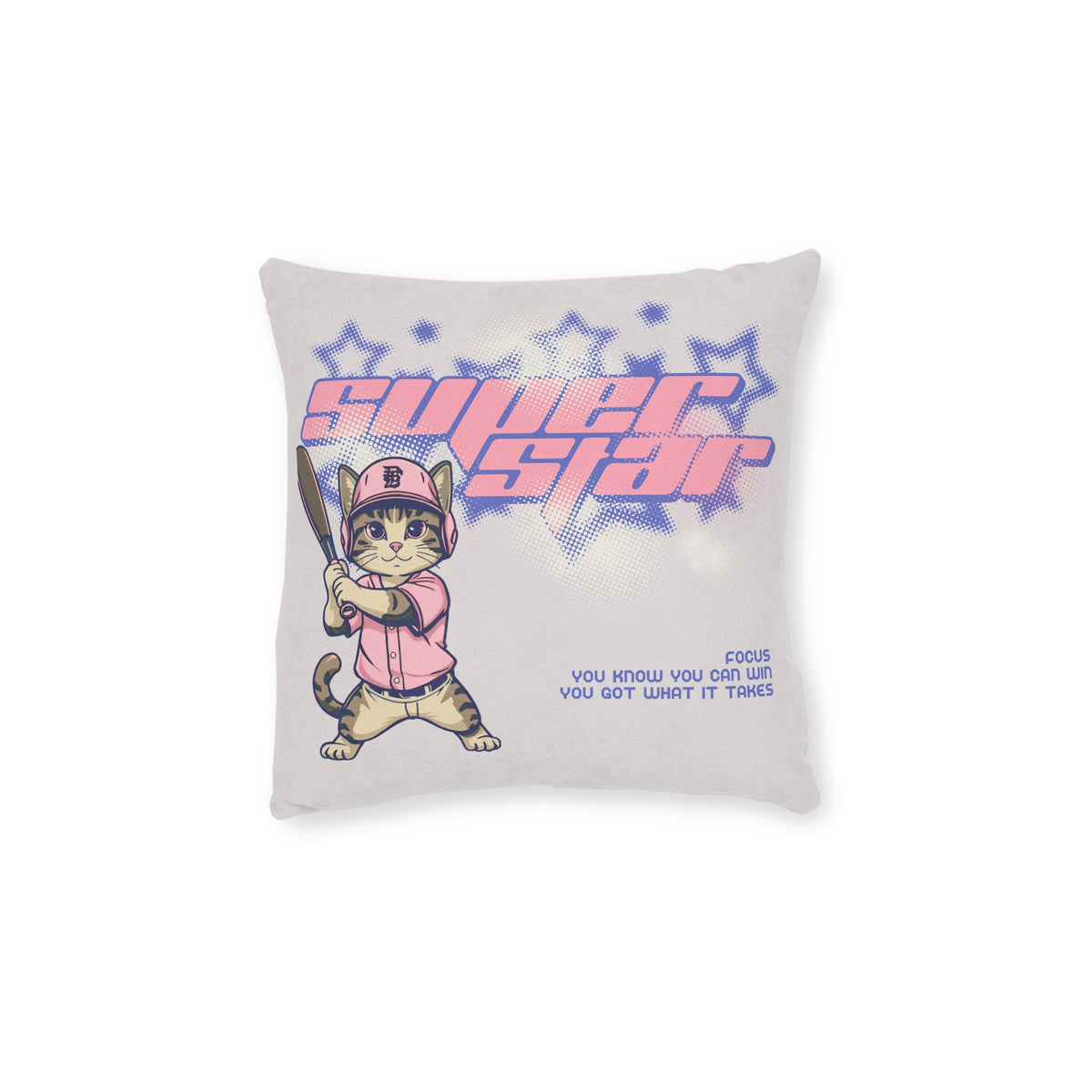 Superstar Cat Baseball Square Pillow — Pink Back Decorative Throw Pillow