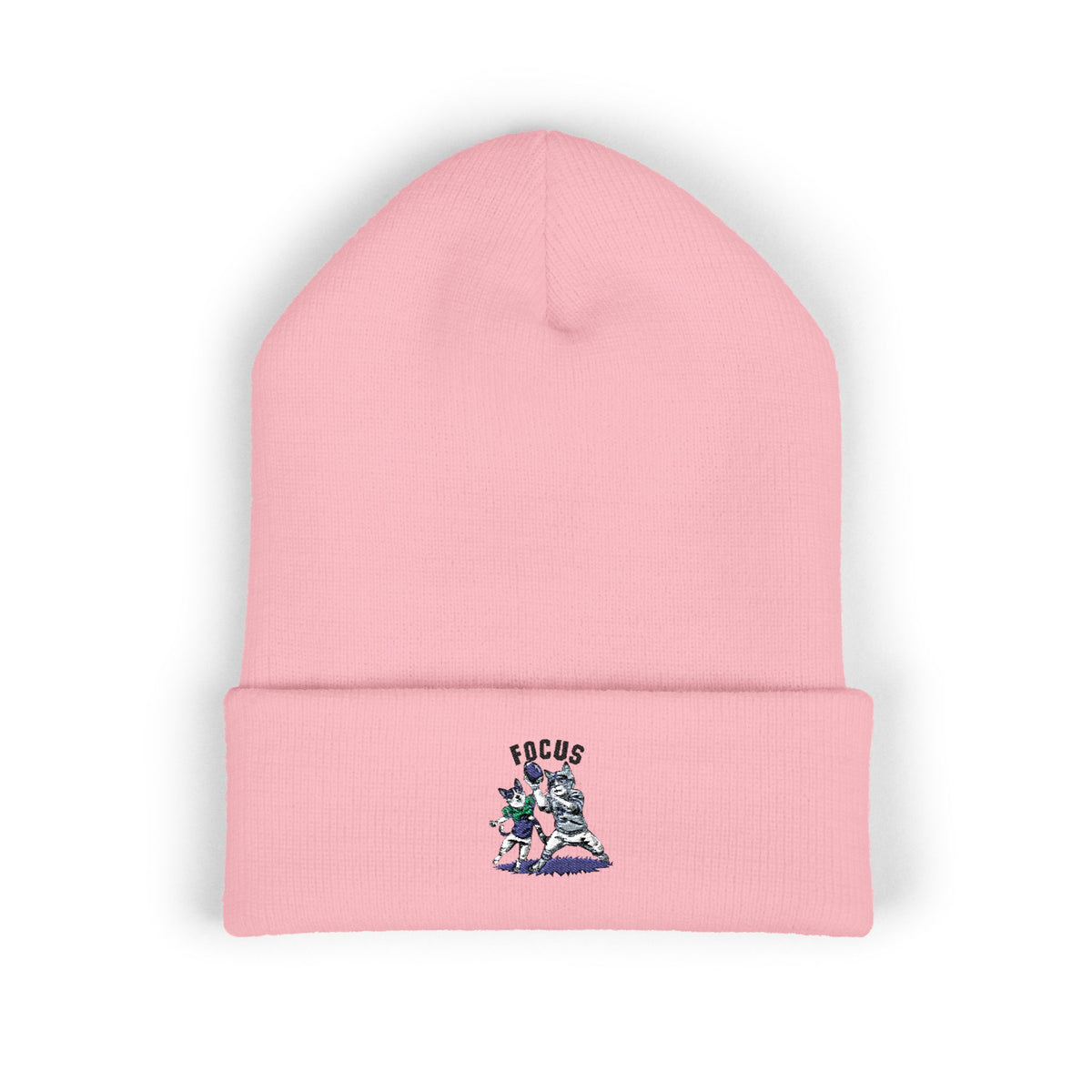 Embroidered 'Focus' Cuffed Beanie — Cozy Knit Winter Hat