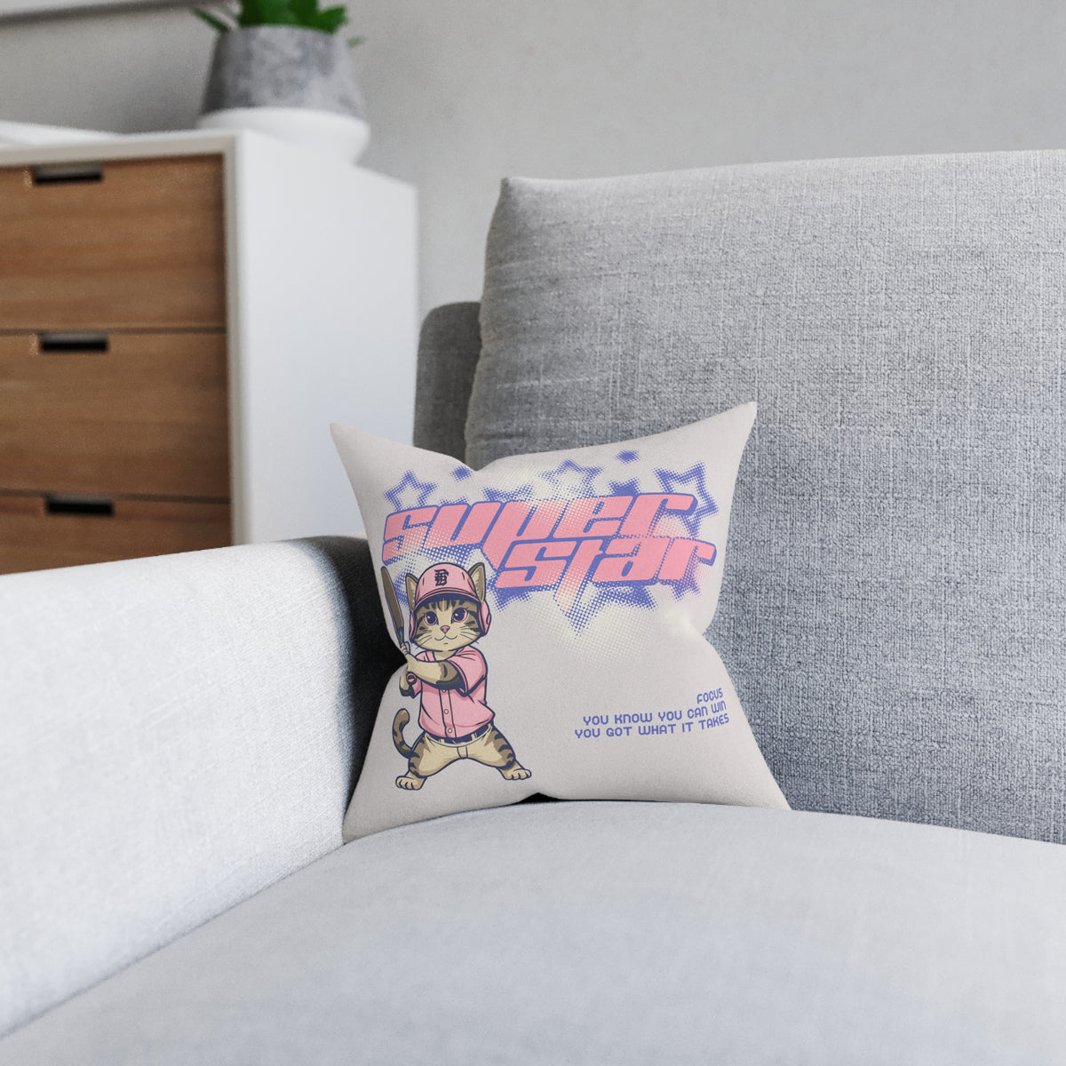 Superstar Cat Baseball Square Pillow — Pink Back Decorative Throw Pillow