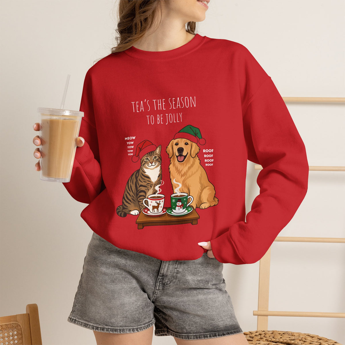 Holiday Tea Time Sweatshirt — 'Tea's The Season To Be Jolly' Cat & Dog Christmas Crewneck